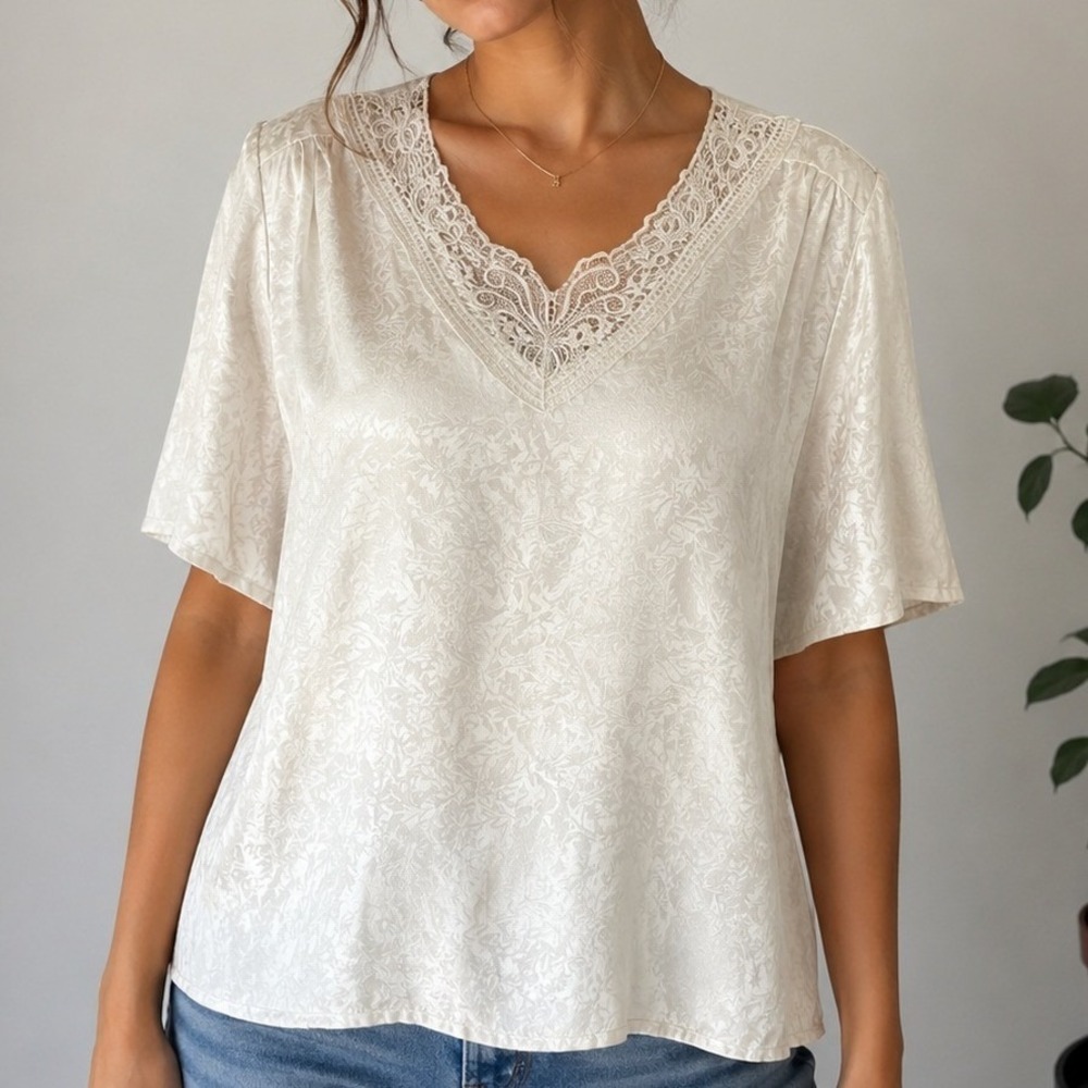 Vintage Woman Motions White Jacquard Blouse Womens XL Lace Shoulder Pads Retro